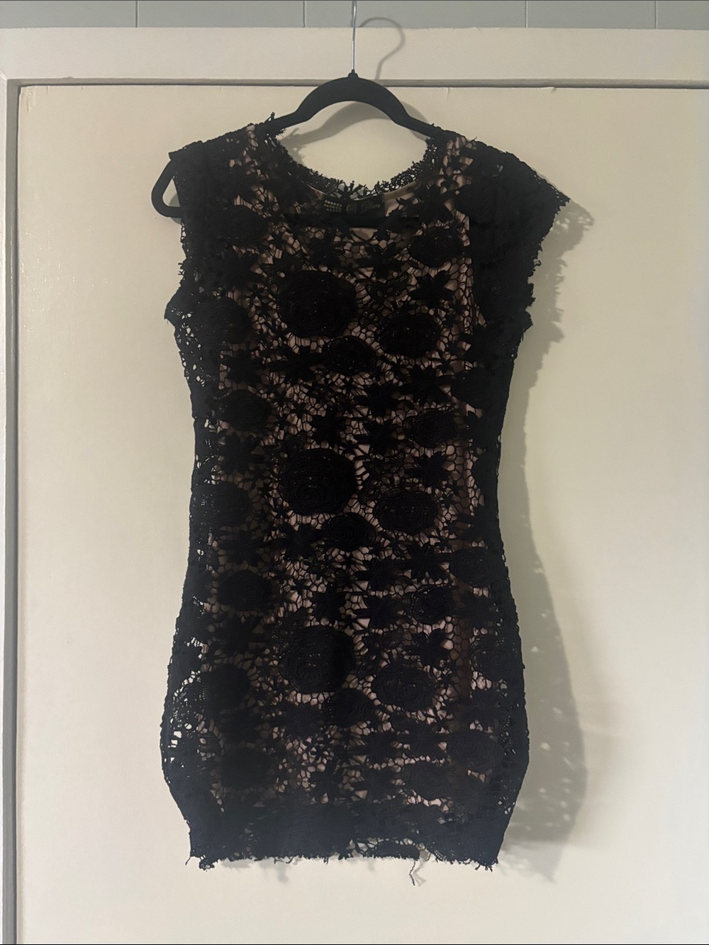 glam Black Lace Mini Dress with Nude Underlay